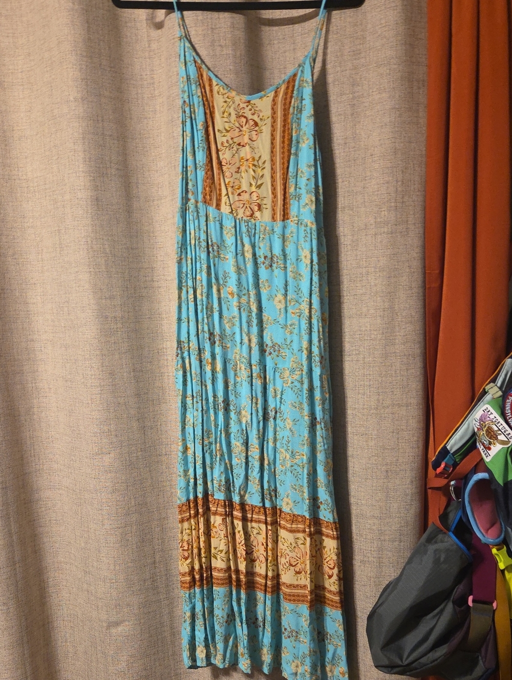 Sky Blue Floral Maxi Dress with Contrast Border Panels